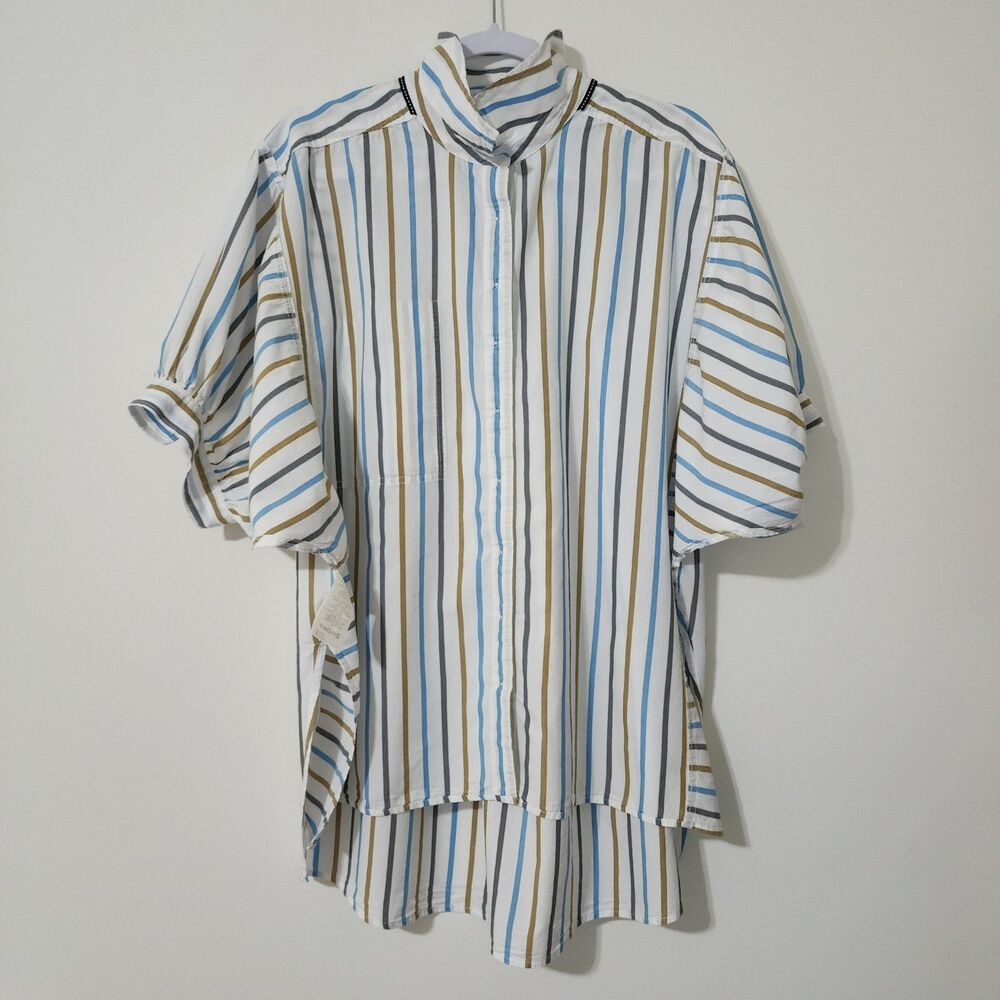 Pilcro Painter Buttondown Shirt Womens L White Blue Black Brown Anthropologie - Picture 5 of 9